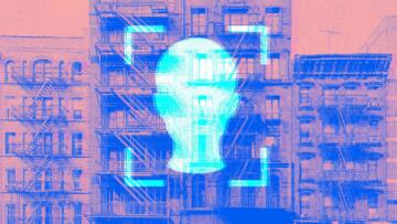 Photo illustration of the silhouette of a head wrapped in square angular brackets, set against a background of apartment buildings